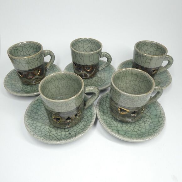 Somayaki Japan Green - 5 Cups & Saucers Set Teacups Vintage Japan Somaware - Picture 1 of 12